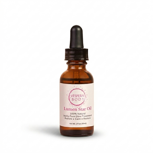 Vespera Body Lumen Star Face Oil, a radiant botanical glow serum manufactured in the USA for superior skin brightness and hydration.