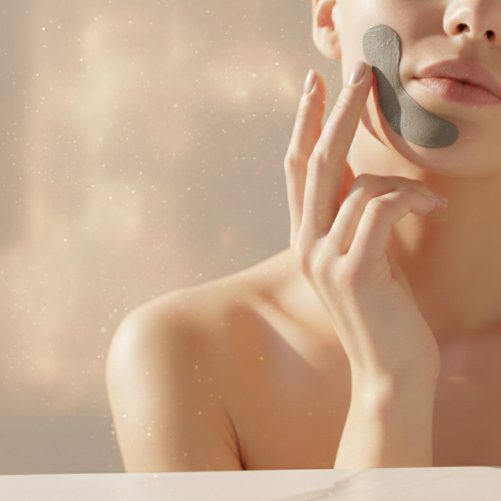 Woman touching her cheek with a refined spread of Mineral Earth Mask Dead Sea mud, highlighting its detoxifying and skin‑clarifying benefits.