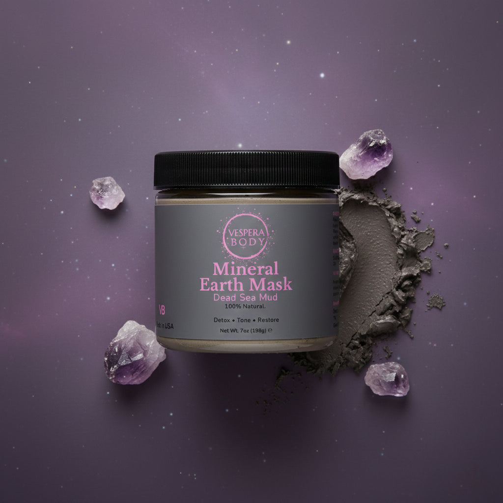 Mineral Earth Mask jar surrounded by natural minerals and earth elements highlighting its pure Dead Sea mud and detoxifying skincare benefits.