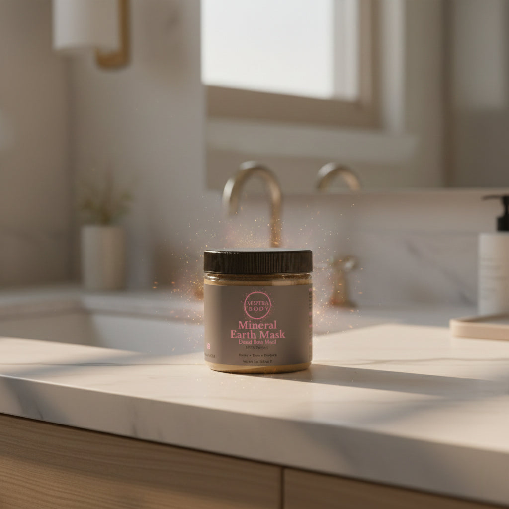 Mineral Earth Mask jar on a bathroom vanity in warm morning light with subtle celestial reflections, emphasizing its luxury mineral‑rich skincare formula.