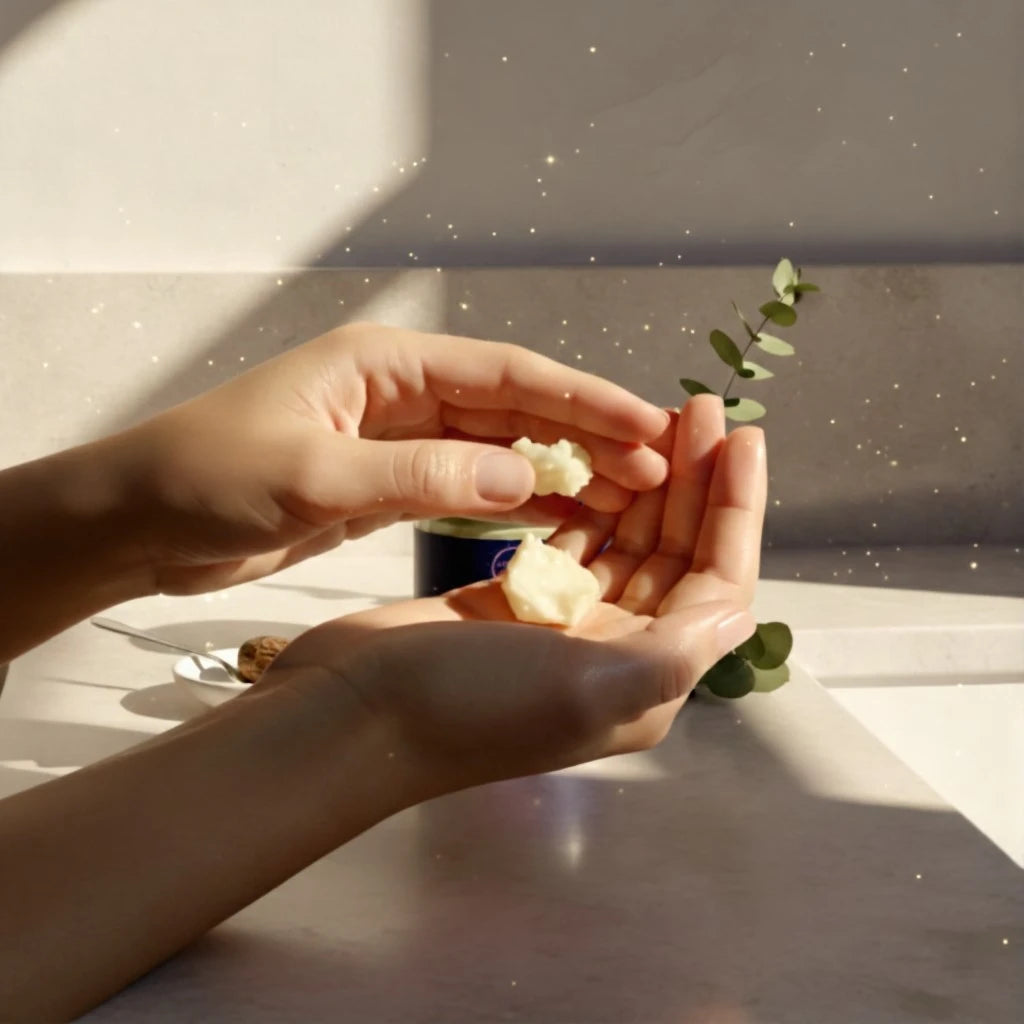 Woman warming Nova Glow Butter raw shea butter between her hands, showing its melt‑on‑contact texture for dry skin, stretch marks, and healing hydration.