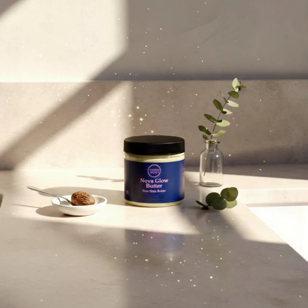 Nova Glow Butter displayed on a bathroom vanity in soft neutral light, emphasizing its natural raw shea butter formula for deep moisture and glowing skin.