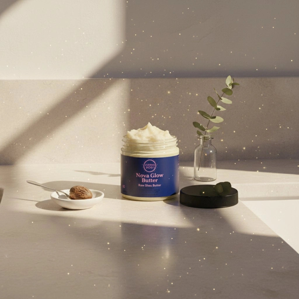 Open jar of Nova Glow Butter revealing creamy raw shea butter rich in vitamins A and E for intensive moisture and skin restoration.