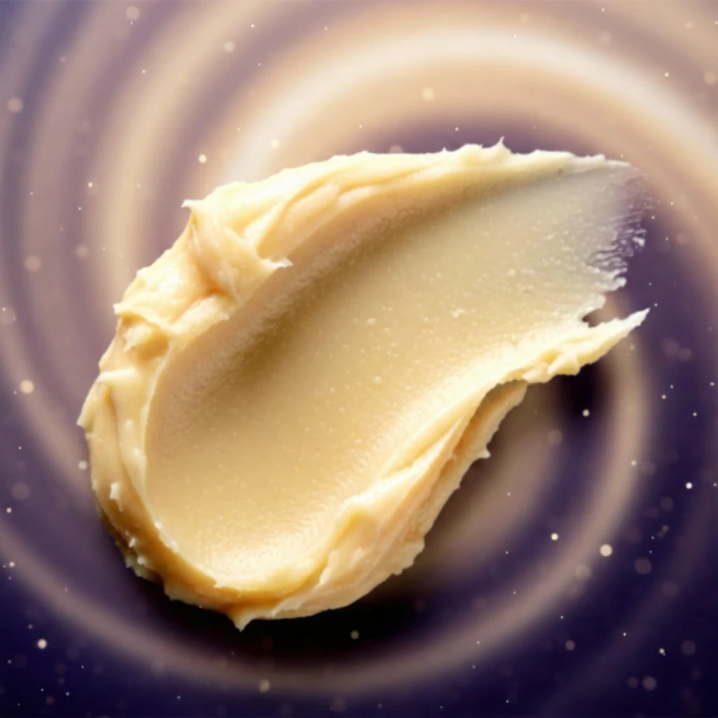 Creamy raw shea butter texture from Nova Glow Butter, showing its rich vitamin‑dense formula for intense hydration and skin repair.
