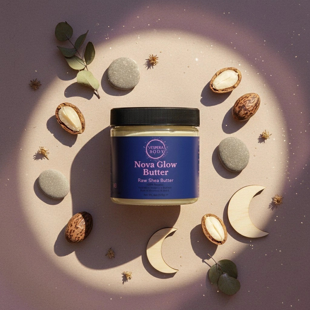 Nova Glow Butter jar surrounded by raw shea nuts and natural elements, highlighting its pure unrefined shea butter and nourishing vitamins A and E.
