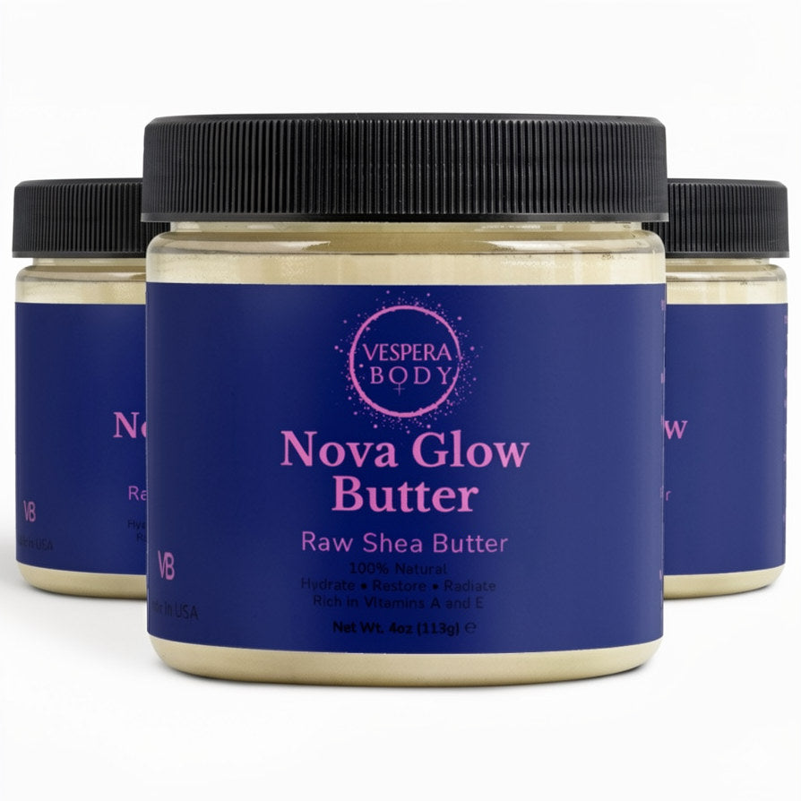 Three jars of Vespera Body Nova Glow Raw Shea Butter. Premium triple-pack unrefined body butter moisturizer bundle.