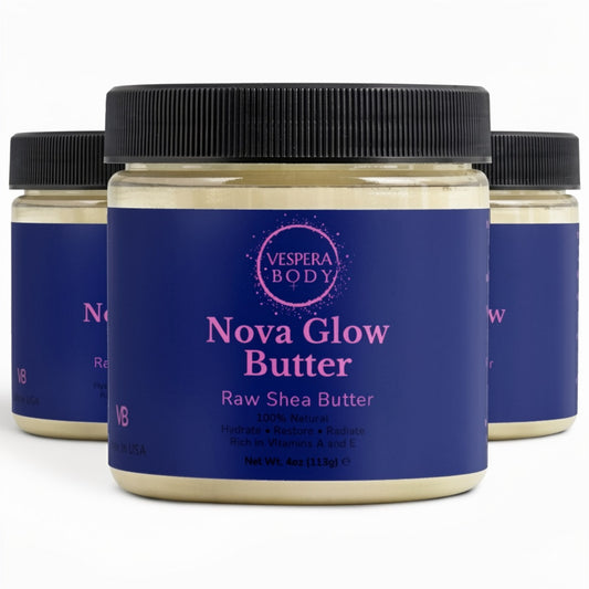 Three jars of Vespera Body Nova Glow Raw Shea Butter. Premium triple-pack unrefined body butter moisturizer bundle.