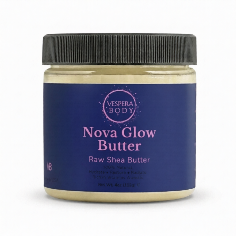 Vespera Body Nova Glow Raw Shea Butter, 100% pure and unrefined moisturizer, proudly manufactured in the USA for superior quality.