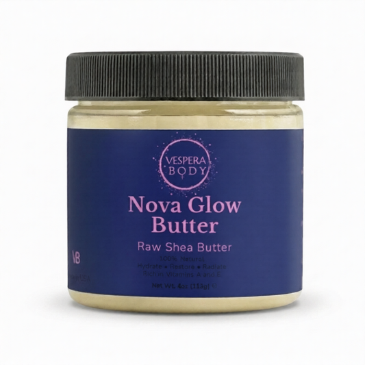 Vespera Body Nova Glow Raw Shea Butter, 100% pure and unrefined moisturizer, proudly manufactured in the USA for superior quality.