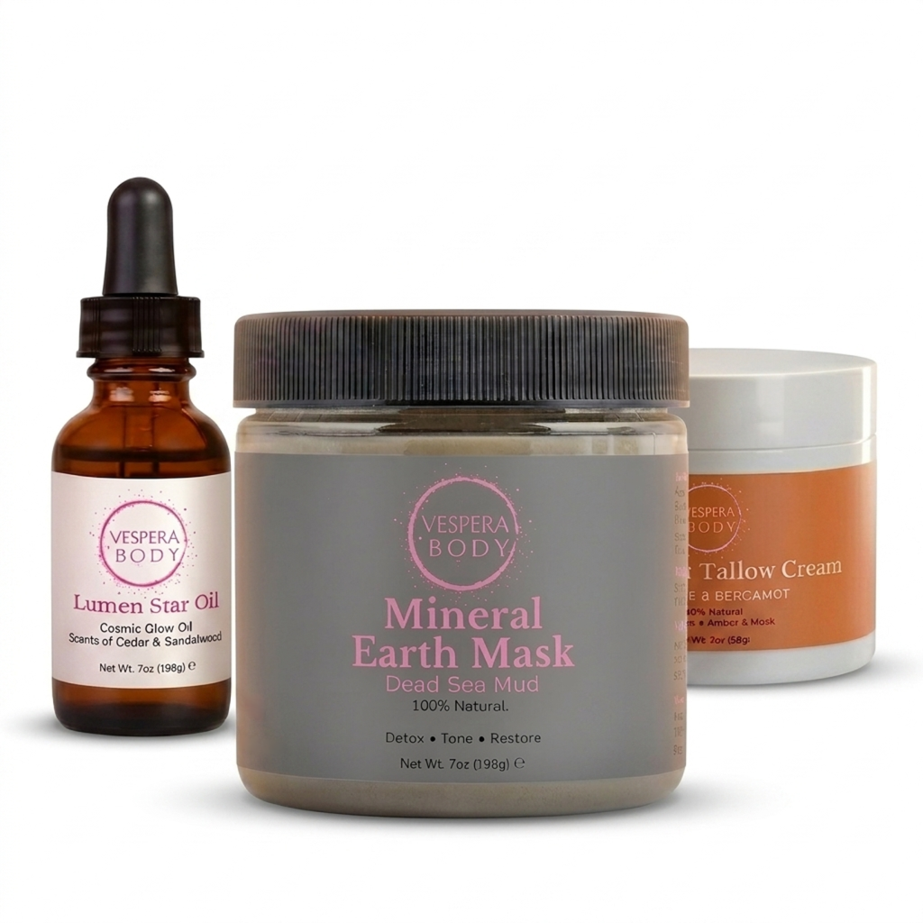 Vespera Body Radiant Glow Bundle featuring the Dead Sea mud mask, orange and bergamot tallow cream, and Lumen Star face oil. Complete 3-step natural skincare routine.