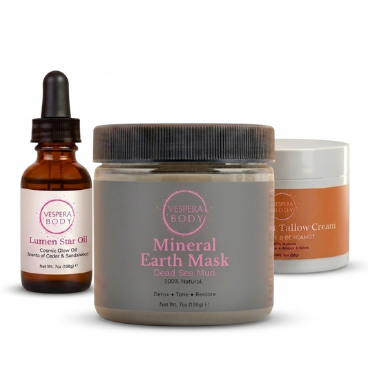 Vespera Body Radiant Glow Bundle featuring the Dead Sea mud mask, orange and bergamot tallow cream, and Lumen Star face oil. Complete 3-step natural skincare routine.