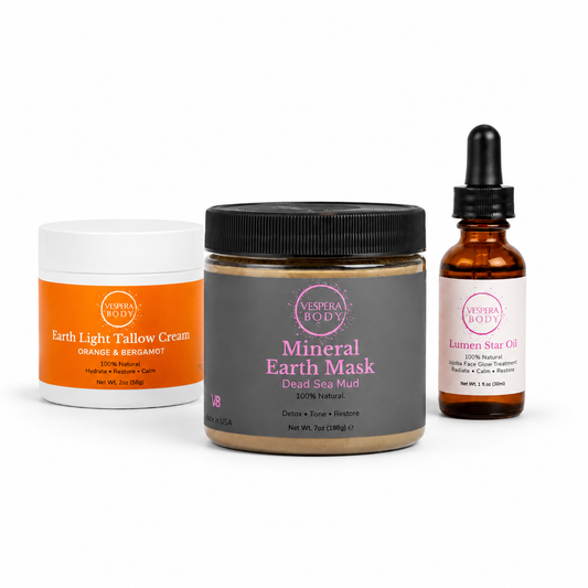 Vespera Body Radiant Glow Bundle featuring the Dead Sea mud mask, orange and bergamot tallow cream, and Lumen Star face oil. Complete 3-step natural skincare routine.