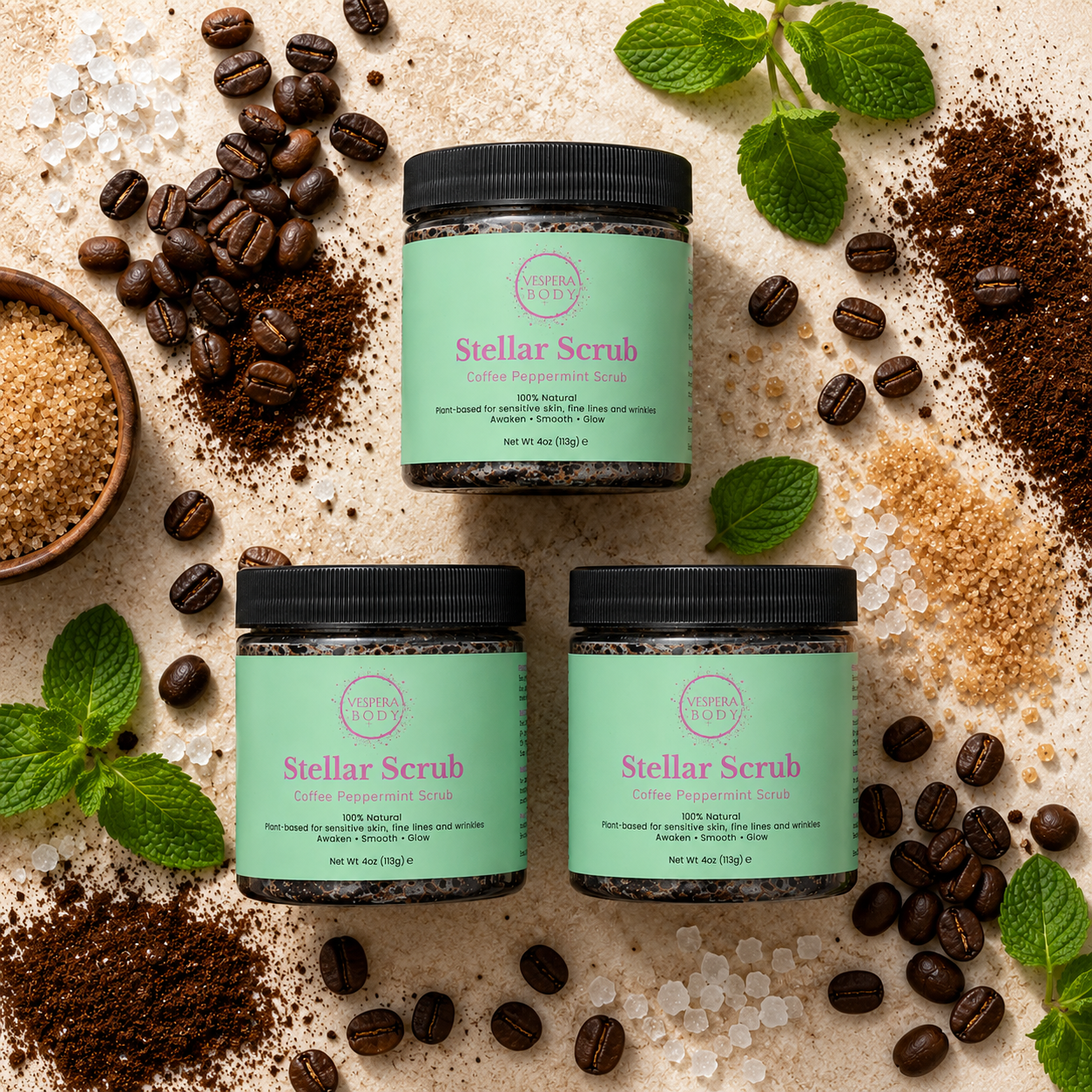 Vespera Body Stellar Scrub ingredients featuring fresh organic coffee and peppermint essential oil. All-natural, plastic-free body scrub handcrafted in small batches.