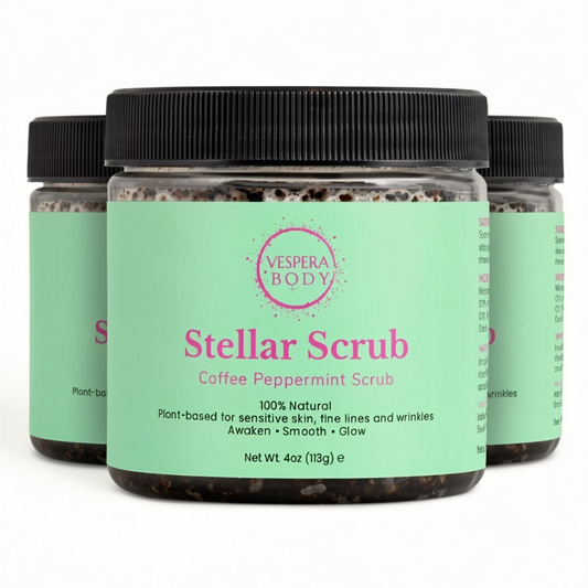 Vespera Body Stellar Scrub, an invigorating coffee and peppermint body scrub for skin firming and circulation. Handcrafted in the USA with organic ingredients.