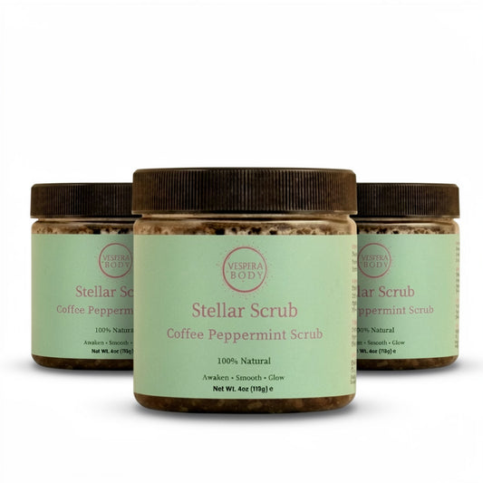 Three jars of Vespera Body Stellar Scrub. Premium triple-pack coffee and peppermint body exfoliant bundle.