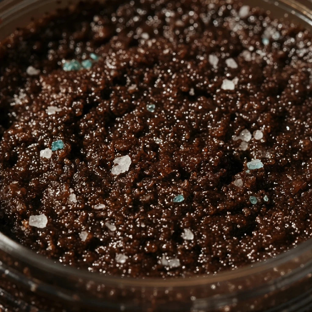 Detailed view of Stellar Scrub’s organic coffee grounds and peppermint oil texture. A natural mechanical exfoliant designed to firm skin and reduce the appearance of cellulite.
