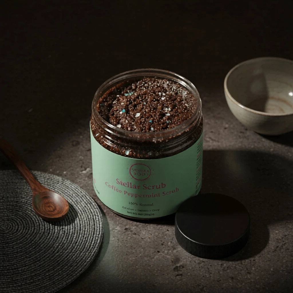 Stellar Scrub coffee peppermint exfoliant packaging highlighting the Made in USA badge. Sustainable, non-toxic body care for an eco-friendly skincare routine.