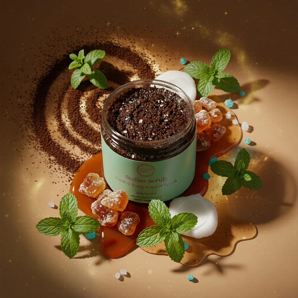 Vespera Body Stellar Scrub ingredients featuring fresh organic coffee and peppermint essential oil. All-natural, plastic-free body scrub handcrafted in small batches.