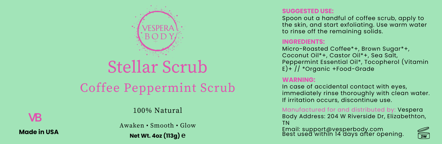 Vespera Body Stellar Scrub, Coffee & Peppermint Body Exfoliant for Strawberry Legs, Cellulite & Ingrown Hair, Dark Pores Treatment, 4oz