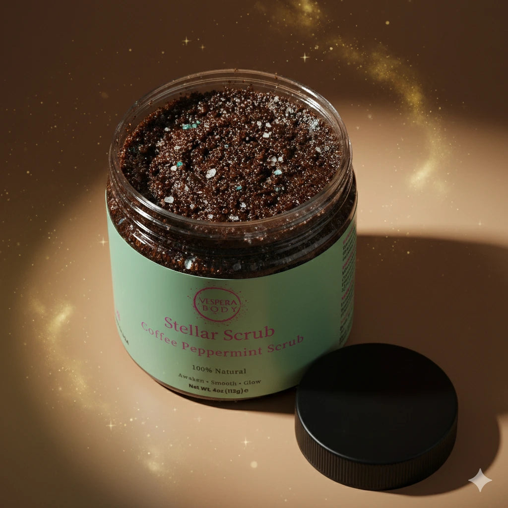Open jar of Stellar Scrub showing rich coffee‑ground, brown sugar, and sea salt exfoliating texture with natural oils and a warm cosmic glow.