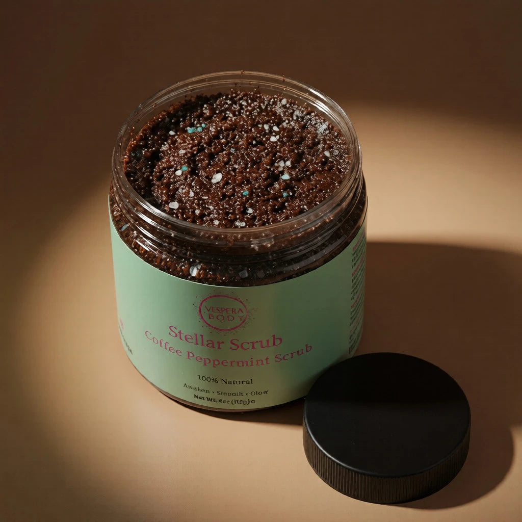 Applying Vespera Body Stellar Scrub to the skin for improved circulation. The caffeine-rich coffee grounds help detoxify and rejuvenate dull skin during a morning shower.