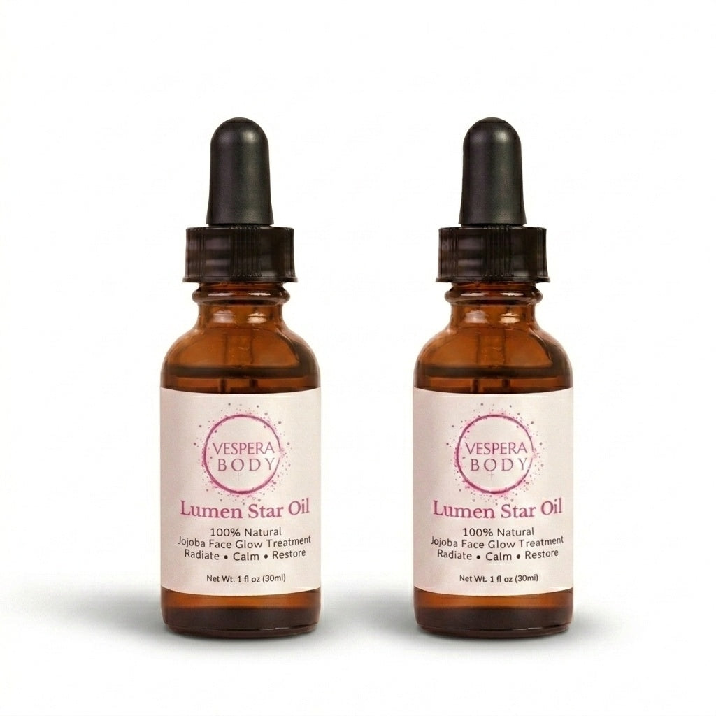 Two bottles of Vespera Body Lumen Star facial oil duo for radiant skin hydration and anti aging wrinkle treatment.