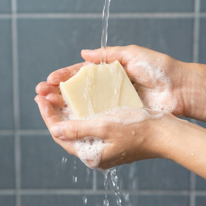 Washing with the refreshing Vespera Body Breath Wake eucalyptus and menthol moisturizing soap bar lather.