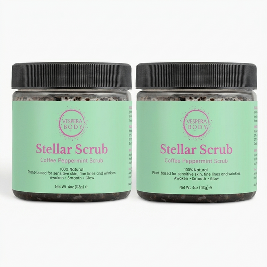 Vespera Body Stellar Scrub, an invigorating coffee and peppermint body scrub for skin firming and circulation. Handcrafted in the USA with organic ingredients.