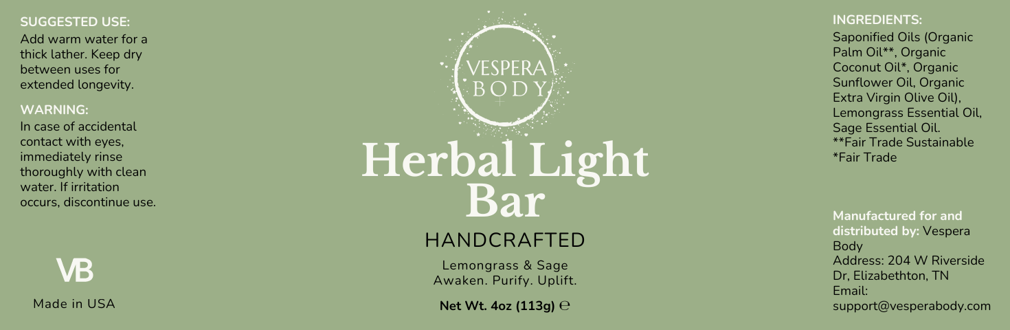 Vespera Body Herbal Light soap bar packaging featuring the Made in USA label. Eco-friendly, plastic-free cleansing bar for a sustainable skincare routine.