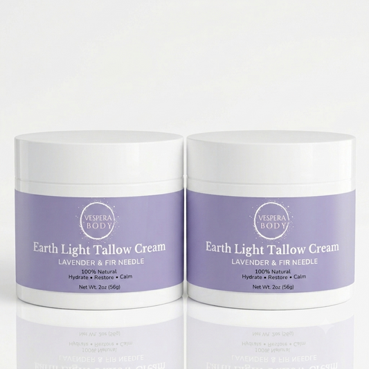 Two jars of Vespera Body grass-fed beef tallow cream moisturizer duo for face and body eczema relief and skin barrier repair.
