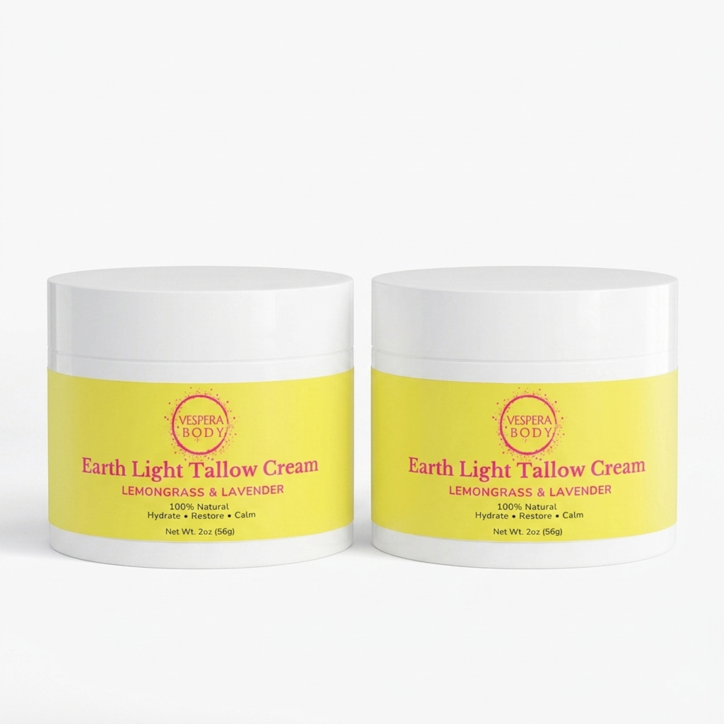 Two jars of Vespera Body grass-fed beef tallow cream moisturizer duo for face and body brightening dark spots and eczema care with lemongrass and lavender.