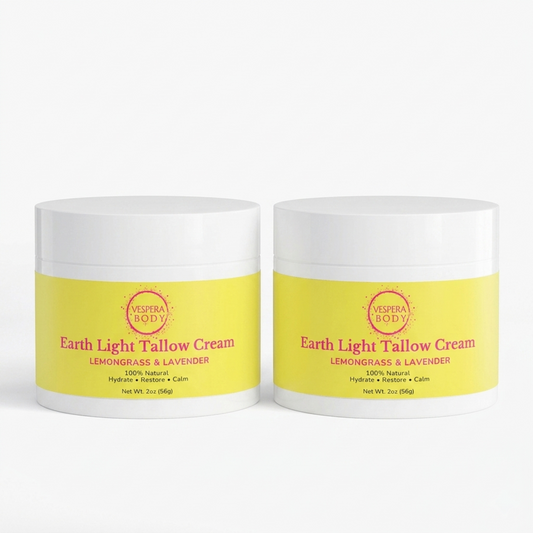 Two jars of Vespera Body grass-fed beef tallow cream moisturizer duo for face and body brightening dark spots and eczema care with lemongrass and lavender.