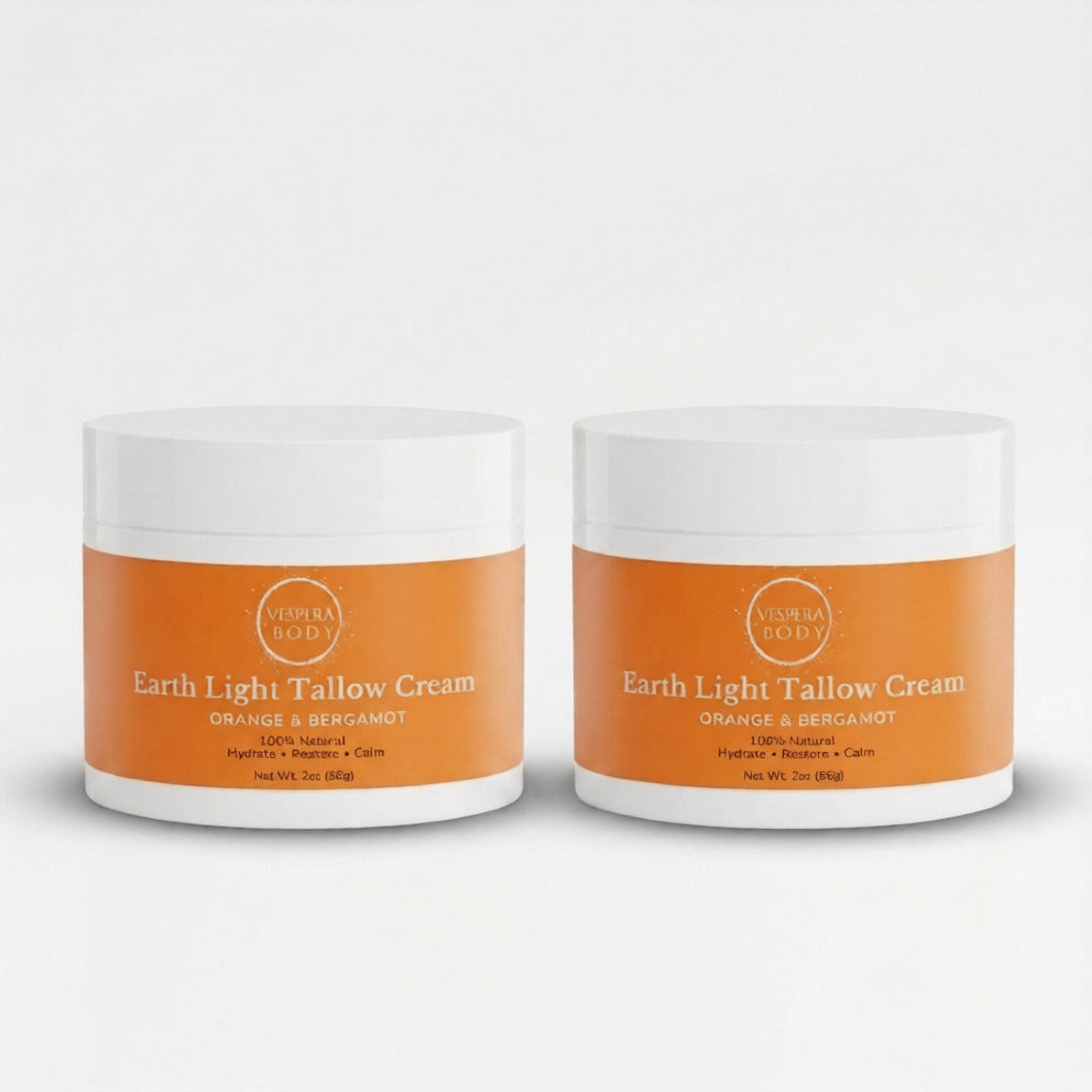  Two jars of Vespera Body grass-fed beef tallow cream moisturizer duo for face and body eczema and dry skin care with orange and bergamot