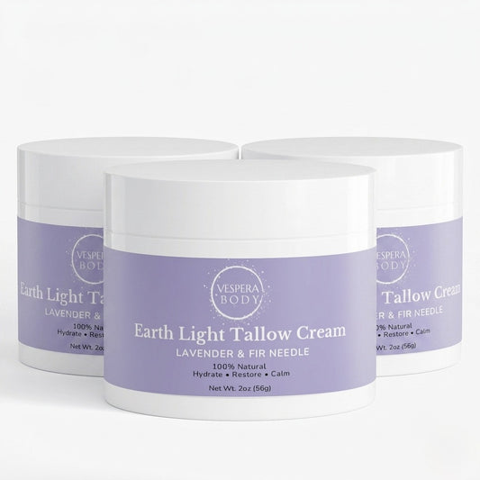 Three jars of Vespera Body Lavender and Fir Needle Tallow Cream. Premium 3-pack bundle for eczema and redness relief.