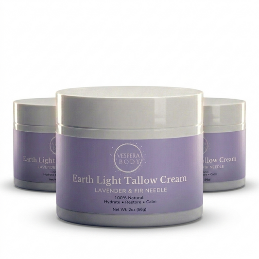 Three jars of Vespera Body Lavender and Fir Needle Tallow Cream. Premium 3-pack bundle for eczema and redness relief.