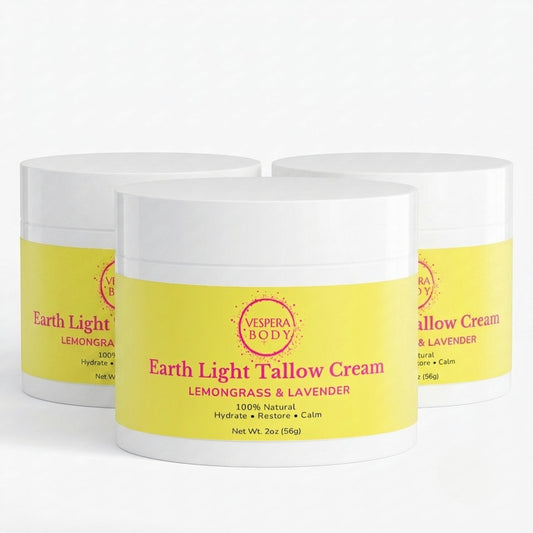 Vespera Body Earth Light Tallow Cream bundle featuring whipped lemongrass and lavender grass-fed beef tallow balm in eco-friendly glass jars. All-natural skincare set made in the USA.