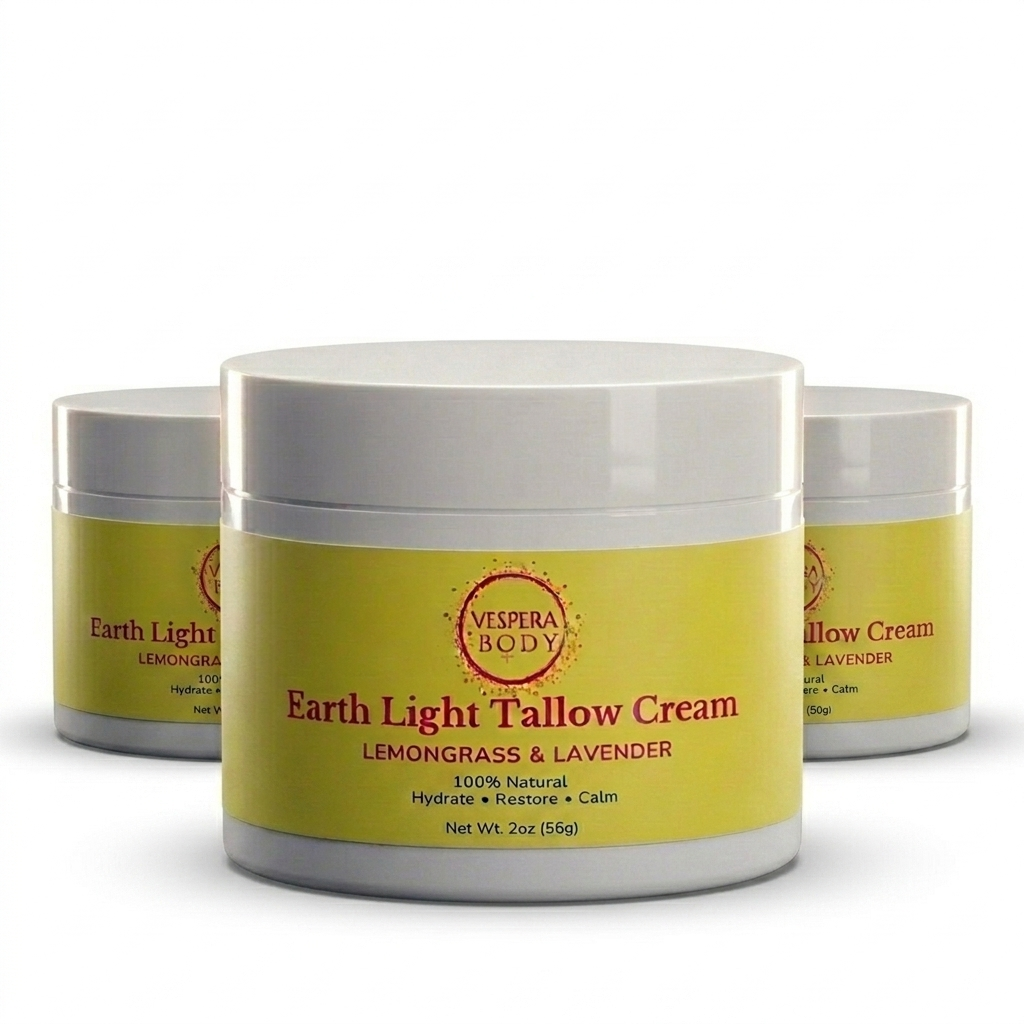 Vespera Body Earth Light Tallow Cream bundle featuring whipped lemongrass and lavender grass-fed beef tallow balm in eco-friendly glass jars. All-natural skincare set made in the USA.