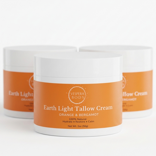 Three jars of Vespera Body Orange and Bergamot Tallow Cream. Premium 3-pack bundle for dry skin and eczema relief.