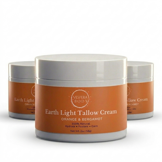 Three jars of Vespera Body Orange and Bergamot Tallow Cream. Premium 3-pack bundle for dry skin and eczema relief.