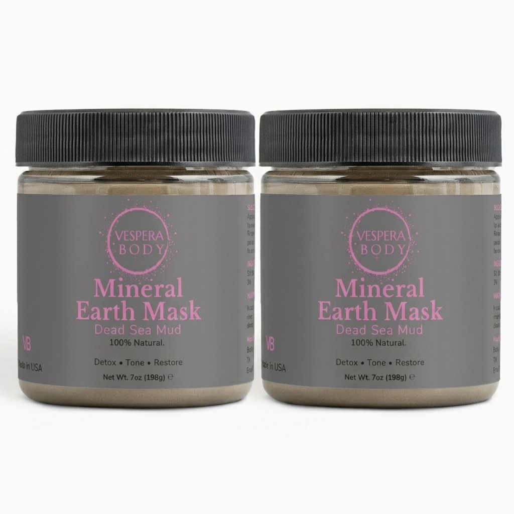 Two jars of Vespera Body 100 percent pure Dead Sea mud mask duo for acne blemish control and large pores extraction.