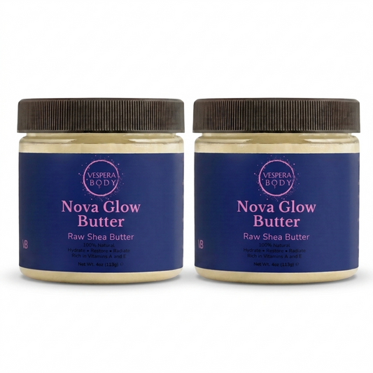 Two jars of Vespera Body Nova Glow Butter pure raw shea body moisturizer duo for eczema, stretch marks, and dry skin relief.